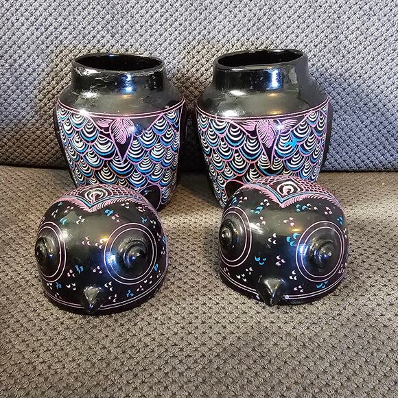 Vintage Burmese Lacquerware Owl Jar Set Purple & Black - Picture 7 of 10